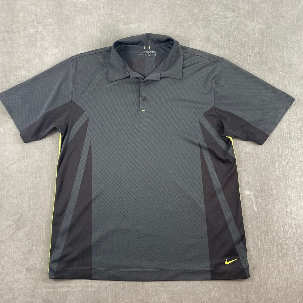 Nike Mens M Grey Black Polo Dri-FIT Geometric Graphic Golf Shirt